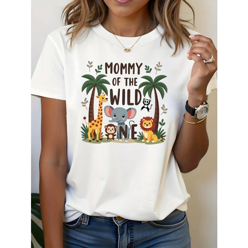 Women's "Mommy of The Wild One" Safari Animal Print T-Shirt Polyester Casual Short Sleeve Tee Summer Fashion Top Women Clothes