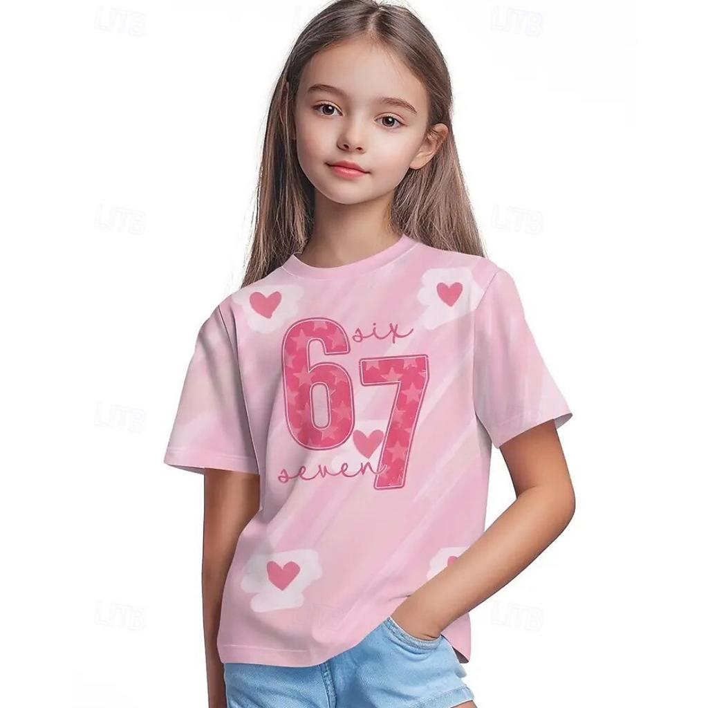 Fashion Girls Dreamy Cute 67 SIX SEVEN Print Kids T-Shirt Gradient 3D Digital Short Sleeve Tees Top Summer Casual Everyday Girl Clothing