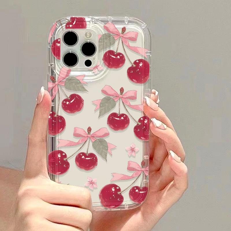 Pink Bowknot Cherry Phone Case For IPhone 17 Air 15 16 13 11 12 14 Pro Max 7 8 Plus Air 16e XR Shockproof Soft Clear Cover Coque