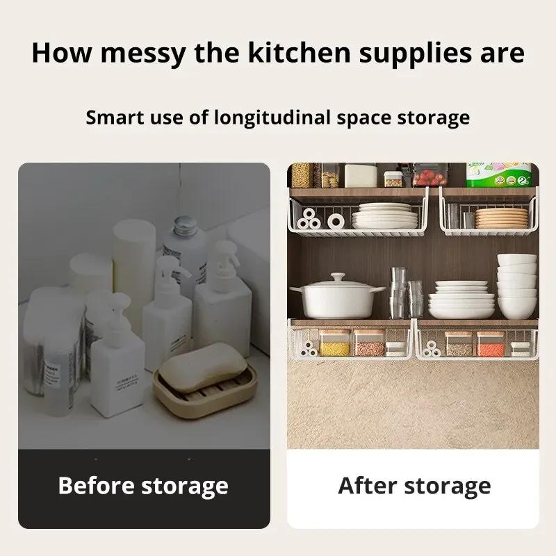 1pc Weiß/Schwarz Hängen Net Korb Eisen Material Große Kapazität Hängen Unter Schrank Wand Kleiderschrank Lagerung Korb küche Werkzeuge