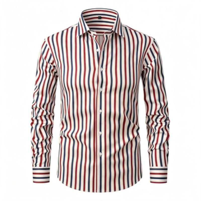 Men's Long Sleeved Shirt, Simple Men's Vertical Stripe Printed Long Sleeved Shirt, Vertical Line Lapel Shirt, European and Ameri