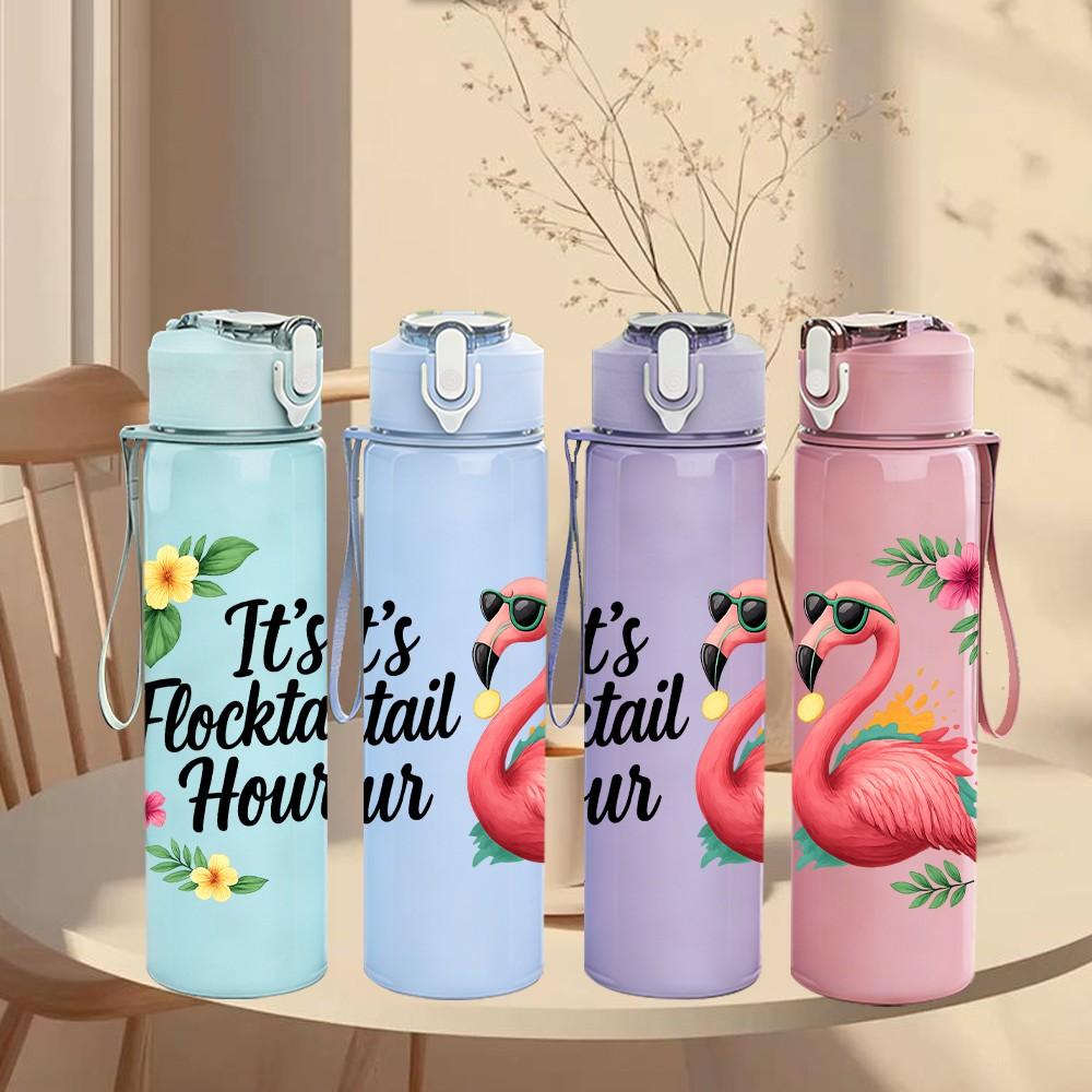 1PC Its Flockin Hour Flamingo Pattern 750ml Color Plastic Sports Water Bottle Leakproof Flip Straw Lid Suitable for Sports Office Home Use