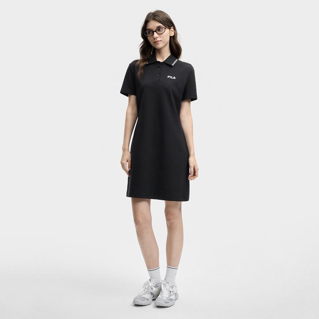 FILA Original Fashion Simple Basic Classic Retro Casual Relaxed Versatile Comfortable Polo Collar Short Sleeve Dress Women dresses Black F51W629306FBK