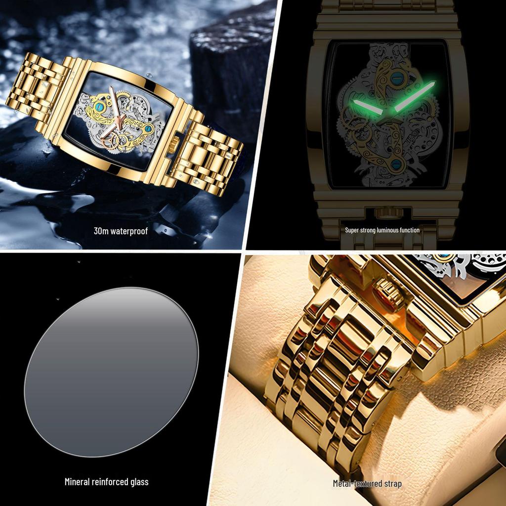 Men's Waterproof Luminous Tourbillon Leather Watch with Fashionable Motorcycle Gear Design