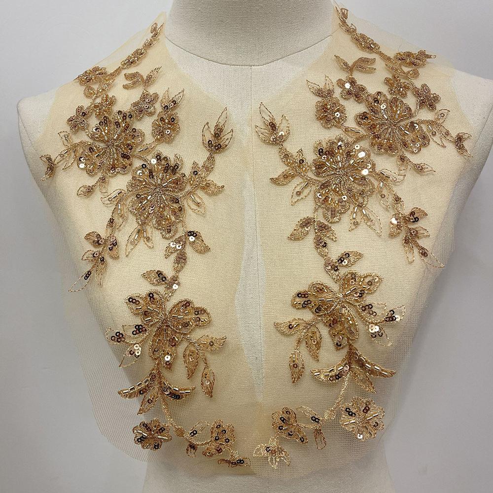 

1 пара Золотая вышивка бисером, пайетками, кружевная аппликация, пришивная, цветочная ткань, воротник-патч, DIY ремесло