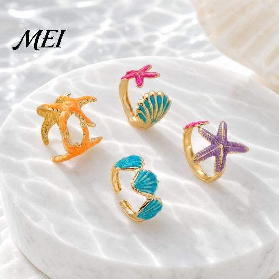 Open Design Rings 4Pcs/Set Ocean Series Ring Set, Multiple Styles Starfish Shell Enamel Coated Finger Ring, Alloy Adjustable Stacking for Jewelry Gift