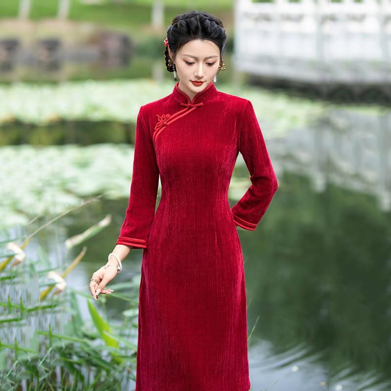 Slim Fit Black Dress Women Vintage Chinese Style Long Sleeve Midi Wear