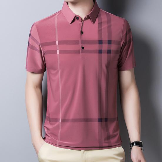 Camicia da uomo a righe a maniche corte con colletto alla coreana e fantasia dritta, T-shirt formale, Abbigliamento quotidiano