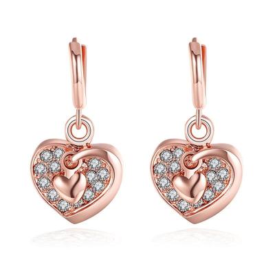 Ασημένιο 925 Καρδιά Aaa Ζιργκόν Ροζ Χρυσό Κρεμαστό Σκουλαρίκι Για Γυναίκες Νυφικά Κοσμήματα Δώρα