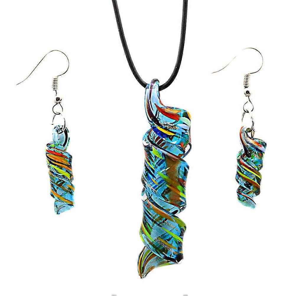 Blue Glass Necklace Earrings Set for Decoration Fashion Jewelry Painted Spiral