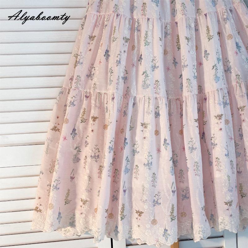 Prairie Chic Spring Summer Women Pink Skirt High Waist Floral Embroidery Sweet Skirt Mori Girl Elegant Delicate Midi A-Line Skirt