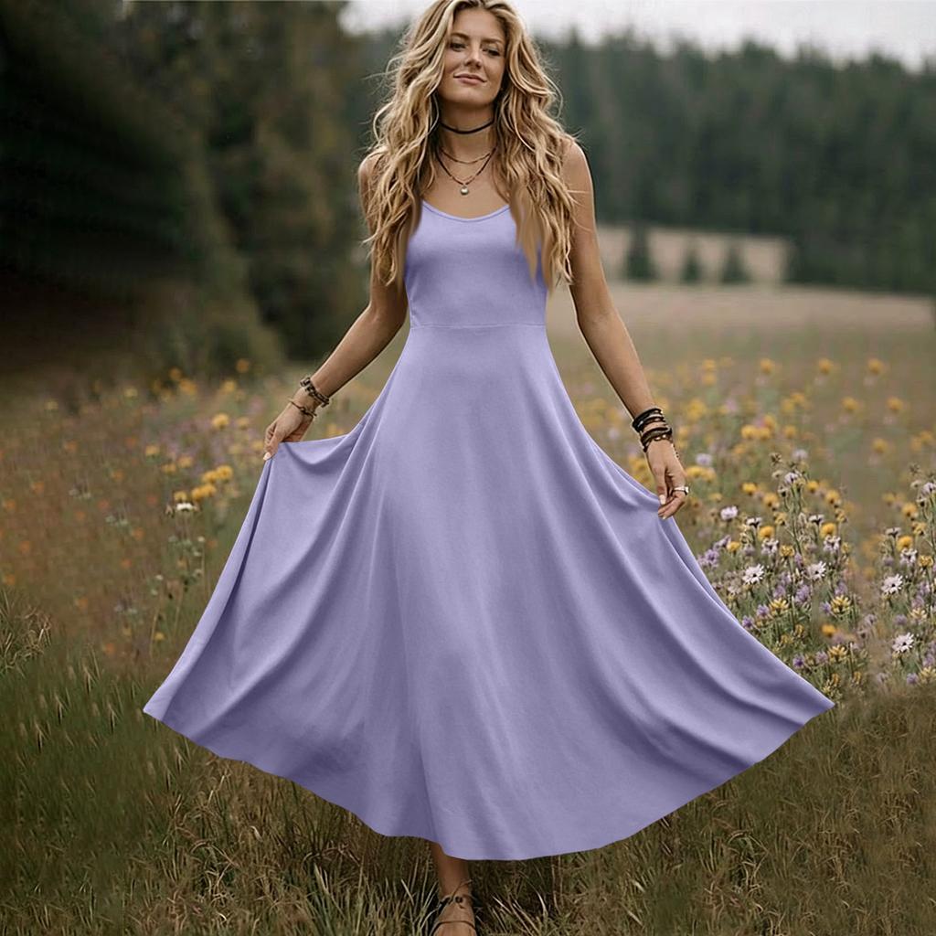 Women V Neck Sleeveless Long Dress Summer Spaghetti Strap Casual Loose Fit Maxi Dress Solid A Line Sundress