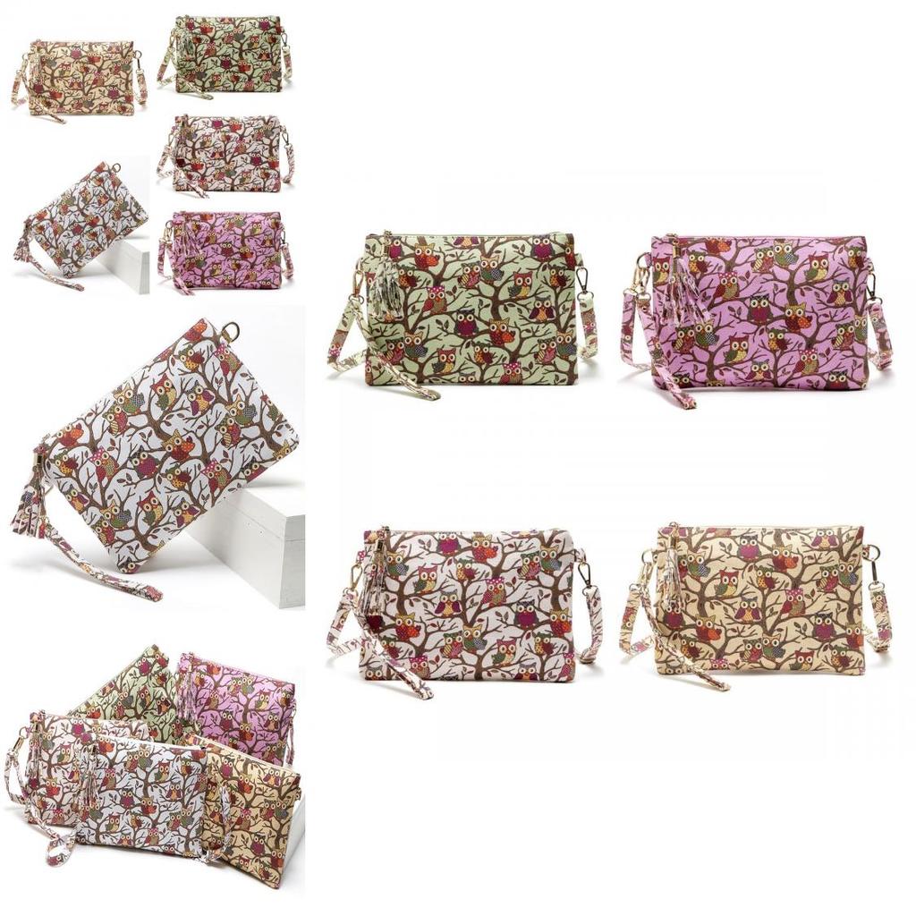 Owl Print Canvas Tassel Crossbody Bag For Women With Zipper Closure**