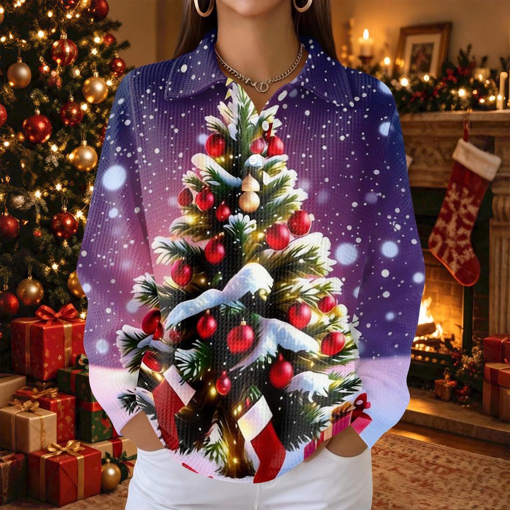 Women's Knit Top Christmas Print Long Sleeve Button Collared Shirt for Casual Holiday Wear