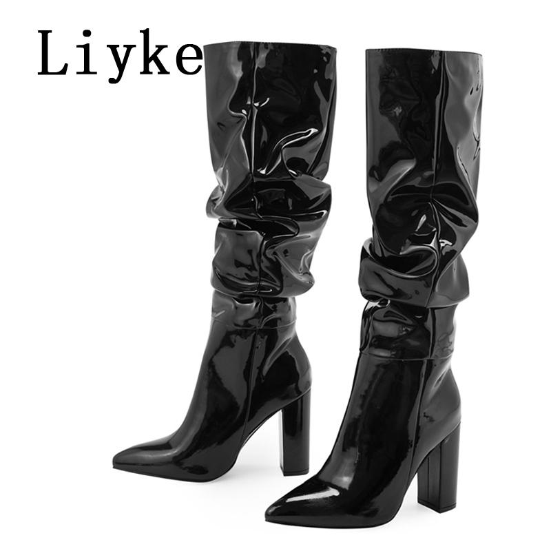 Fashion Liyke 2025 Autumn Winter Pleated Patent Leather Knee High Boots Female Pointed Toe Slip On Motorcycle Shoes Women Square Heels