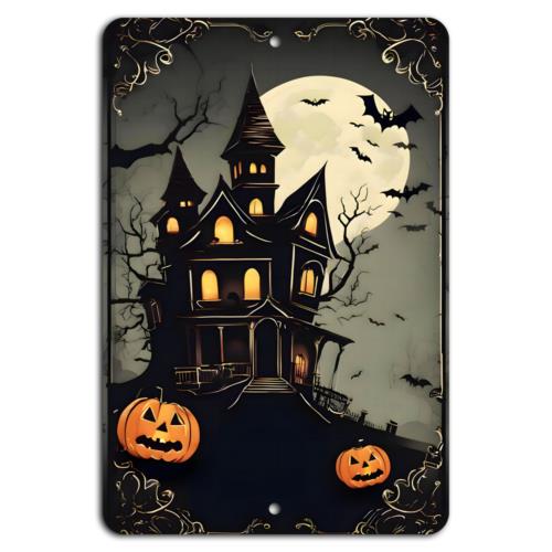 Haunting Night Spooky Mansion and Moonlit PumpkinsAluminumtin sign 20x30cm(7.8x11.8inch)