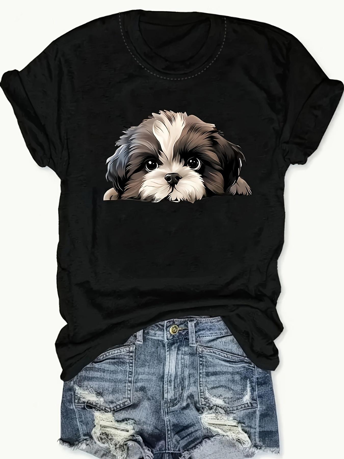 Round Neck TShirt with Cute Shih Tzu Dog PeekaBoo Cartoon Print Womens Harajuku Short Sleeve Casual Aesthetic Clothes S