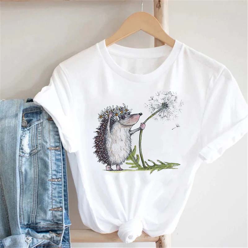 Pink Women Tshirts Casual Cute Cartoon Hedgehog Floral Graphic Print Female Tee Tops Harajuku Fashion Short Sleeve T Shirt Femme