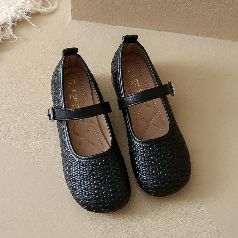 2025 autumn new imitation woven Mary Jane shoes wear one-word buckle with soft sole small fragrant wind light mouth single shoes