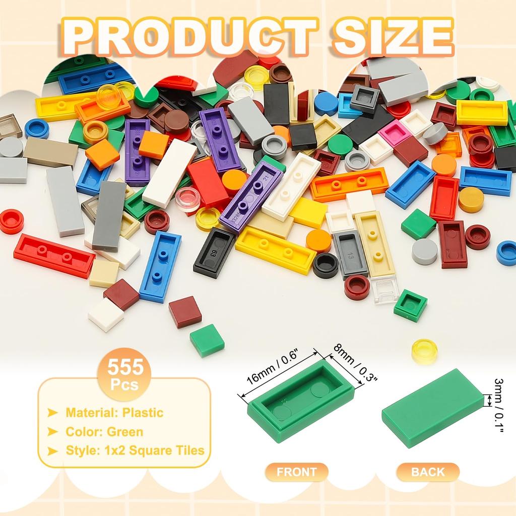 PATIKIL 555pcs Flat Blocks 1x2 Square Green Classic Tiles, Smooth Surface, Mini Building Block Accessories for Building Floors, Walls, Mosaic Pixel