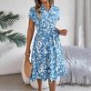Knielang Damen V-Ausschnitt Sommer Modekleid Falten Print Gürtel