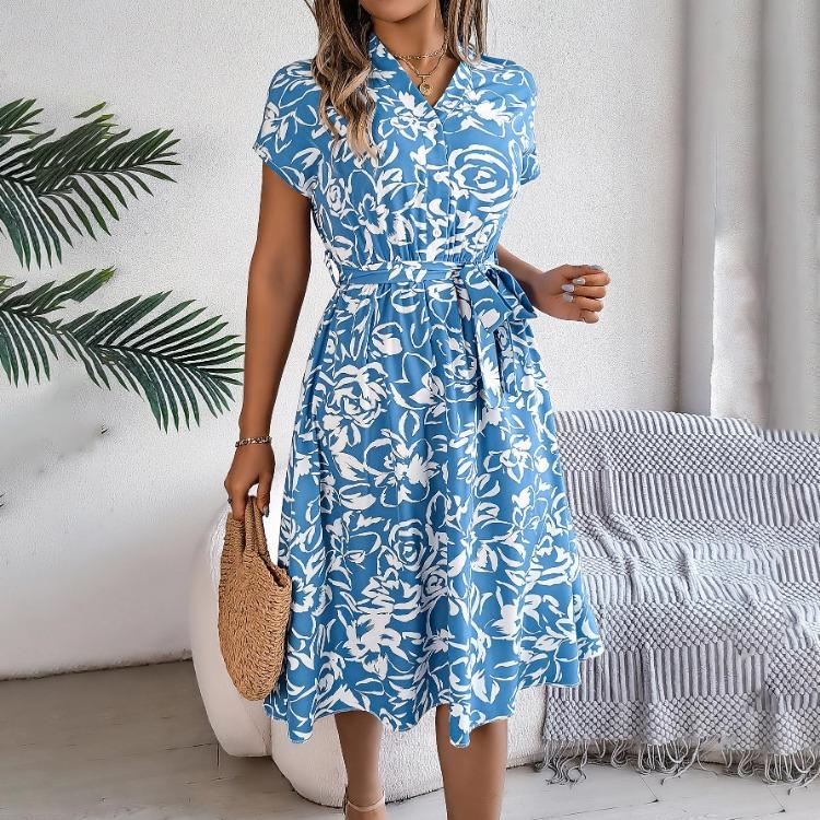 Knielang Damen V-Ausschnitt Sommer Modekleid Falten Print Gürtel