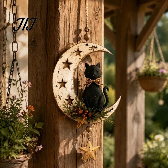 Unique Gift for Cat Owners Crescent Moon Black Hanging Ornament, on Wall Decor, Decor Rustic Star Door Window Pendant Gothic Farmhouse Room Decoration