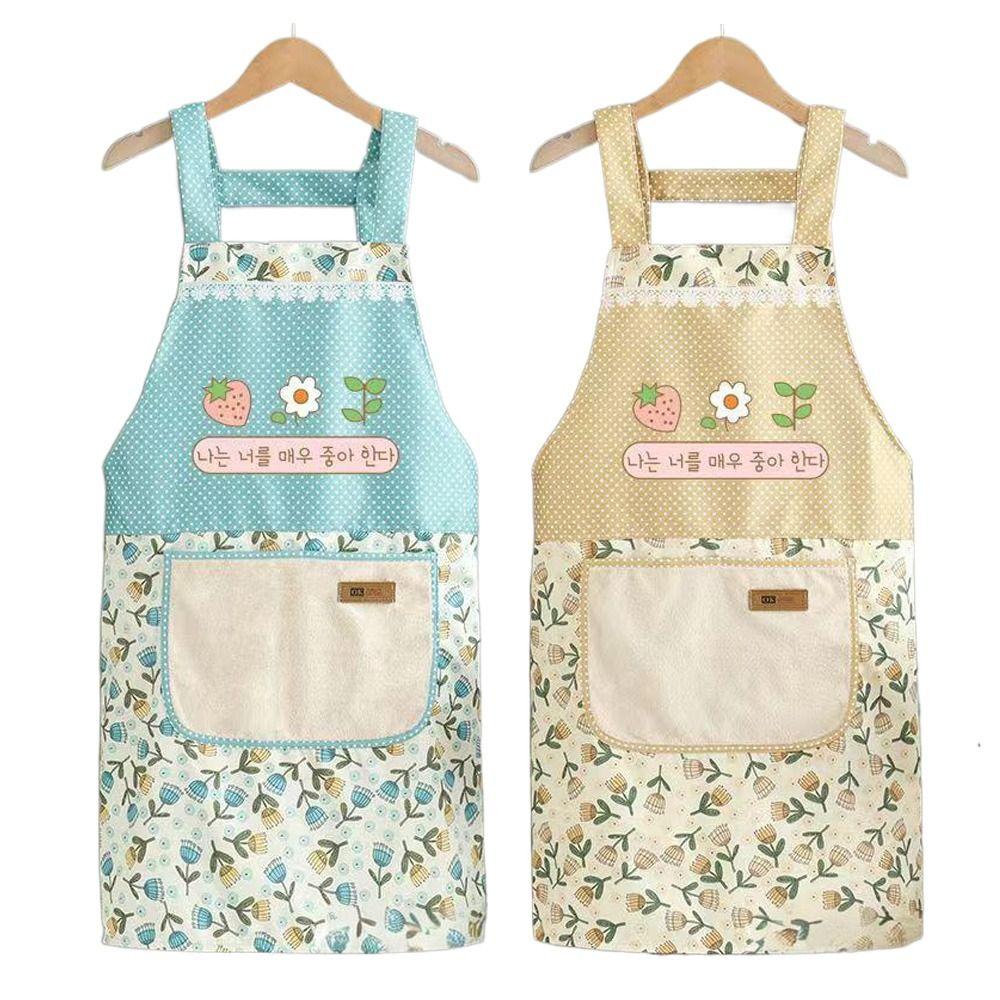 Flower Printing Women Kitchen Aprons Waterproof Anti Dirty Chef Work Apron Wiping Hand Pocket Cooking Aprons Household Cleaning