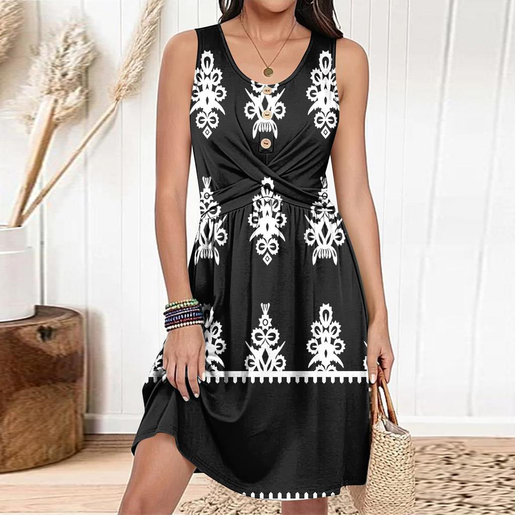 Women's Casual Fashion Dress Round Neck Sleeveless Fitted Dress