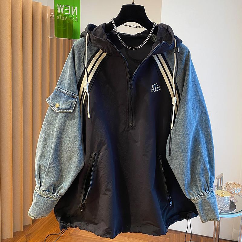Oversized Sweatshirts for Women Patchwork Denim Streetwear Y2k Tops Ropa Mujer Hooded Contrast Color Vintage Hoodies