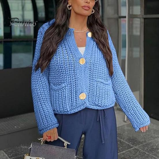 Knit Cropped Cardigan Sweater V-Neck Long Sleeve Buttons Down Loose Fit Sweater Coat with Pockets Solid Color Knitwear