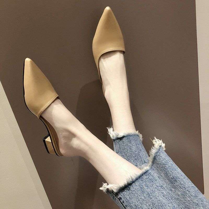 Baotou thick heel half slippers women's summer new pointed sandals Korean version versatile fitting shoes medium heel lazy muller shoes