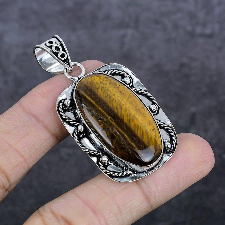 Tiger Eye Gemstone Handmade 925 Sterling Silver Jewelry Pendant 2.17" l1m14