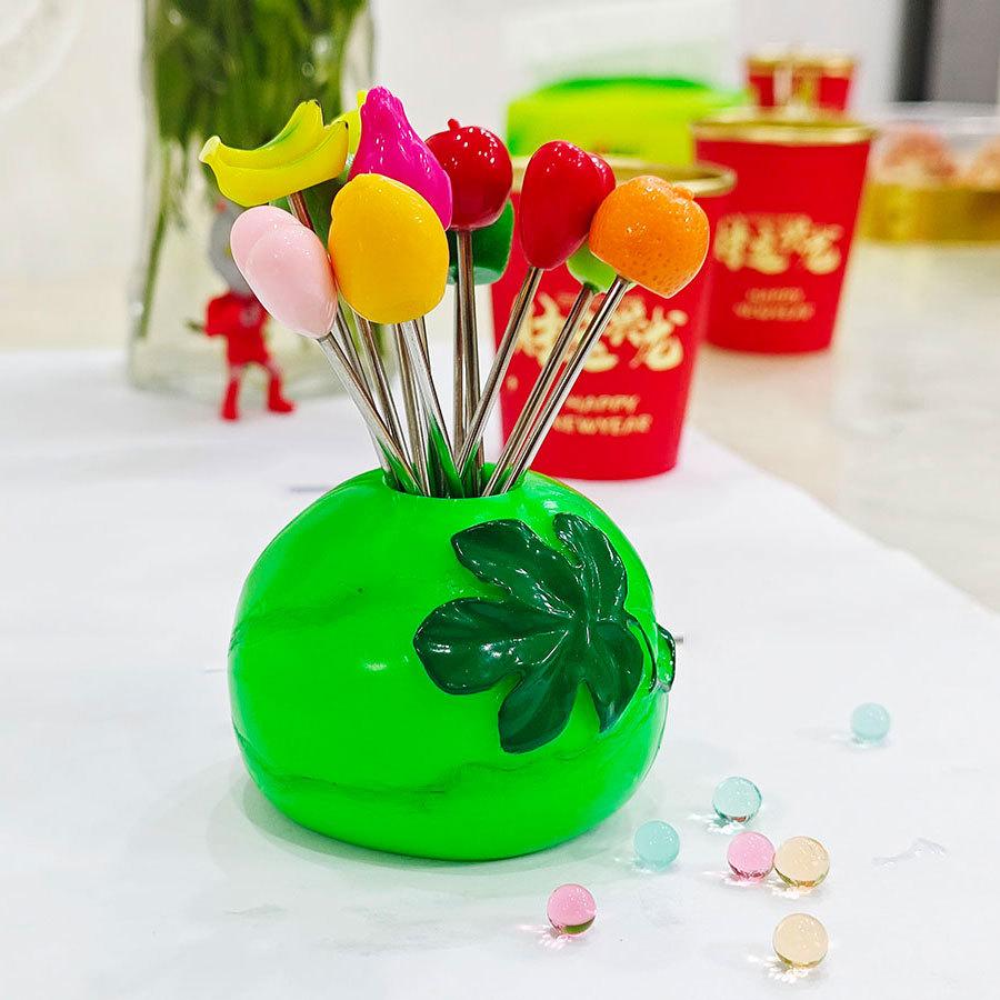 11-teiliges Set Liebesfruchtgabel für Zuhause, Wohnzimmer, Desktop, Edelstahl, Obstschild, Ornament, süße Erdbeer-Kohlgabel, Dekoration