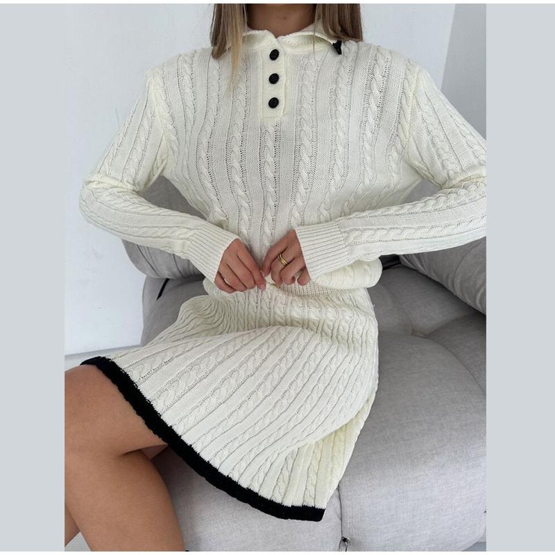 Einfarbiger Strickpullover-Rock-Set für Damen, Umlegekragen, Pullover, langärmelig, schmaler Pullover mit kurzen Röcken, elegante Damenanzüge