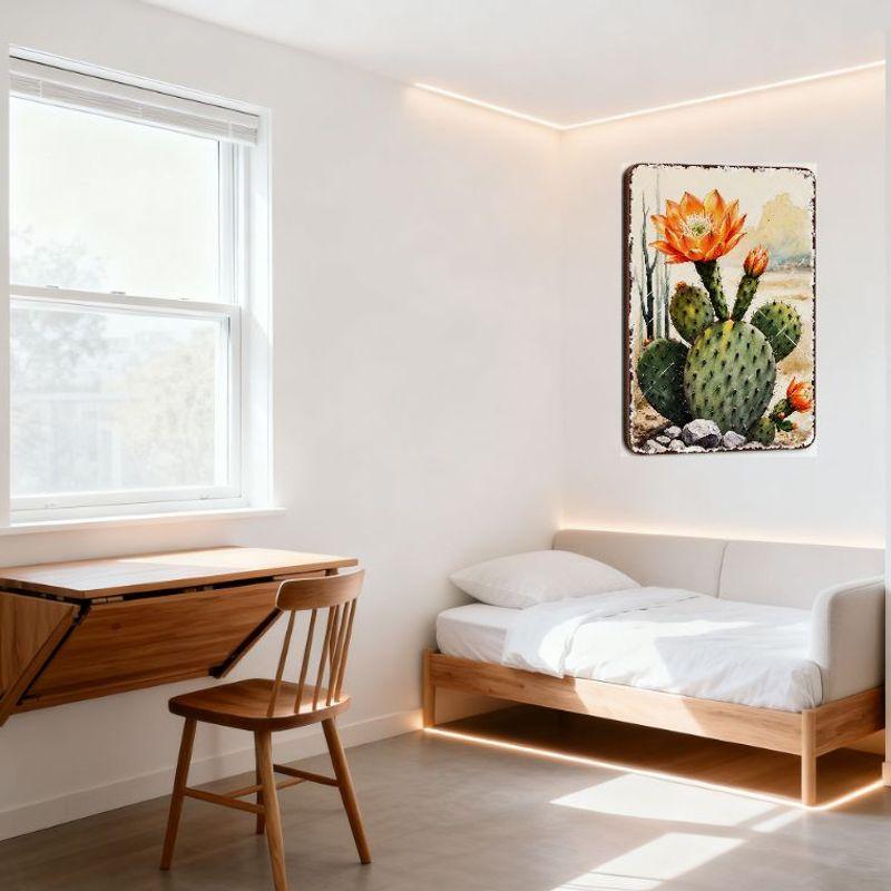 Vintage Watercolor Desert Cactus Metal Tin Sign, Prickly Pear Opuntia with Orange Flowers, Saguaro Cactus Desert Landscape Wall