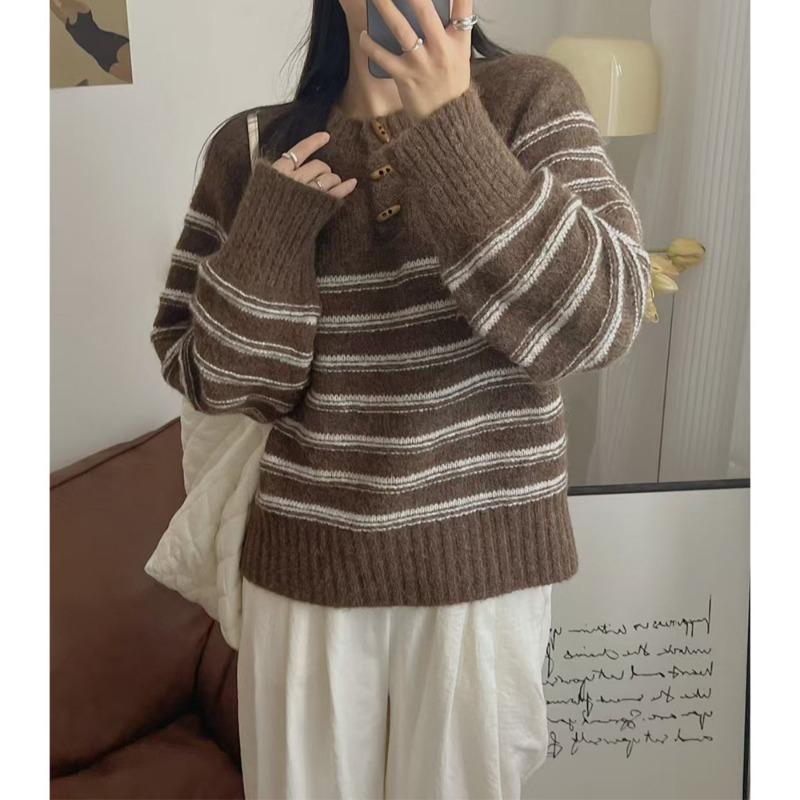 Corner Button Pullover Sweater Autumn and Winter New Color Matching Striped Soft Waxy Casual Loose Knitted Sweater Women
