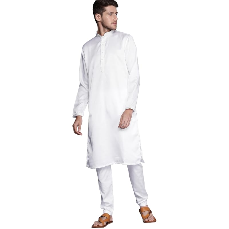 Manyavar Kurta Set for Men, Full Sleeves Mandarin Collar Ethnic Kurta Set for Engagement, Wedding, Party Solid (Full Whi