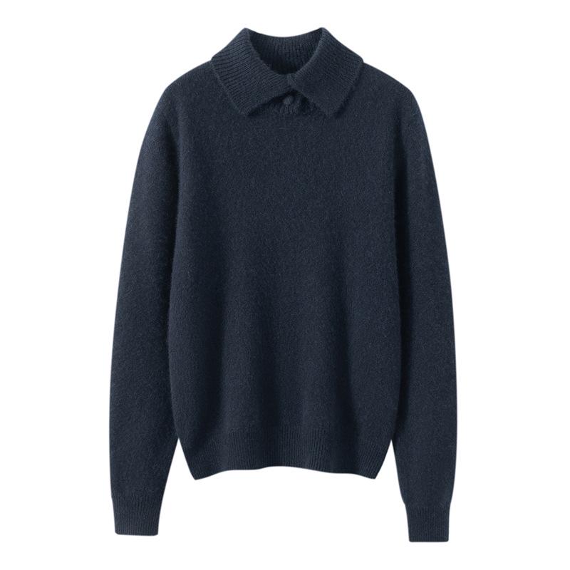 Women's Solid Color Cashmere Sweater: Lapel Buckle, Loose Fit, Thick Knit for Autumn/Winter 2026.