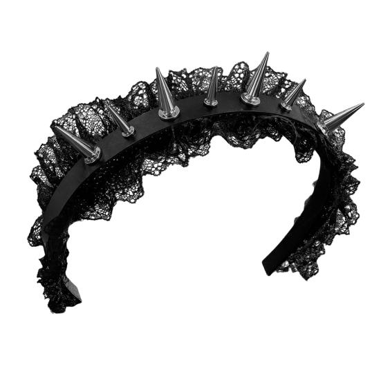 Headband with Sharp Metal Rivets Black Lace Adjustable Elastic Fit Hair Hoop Gothic