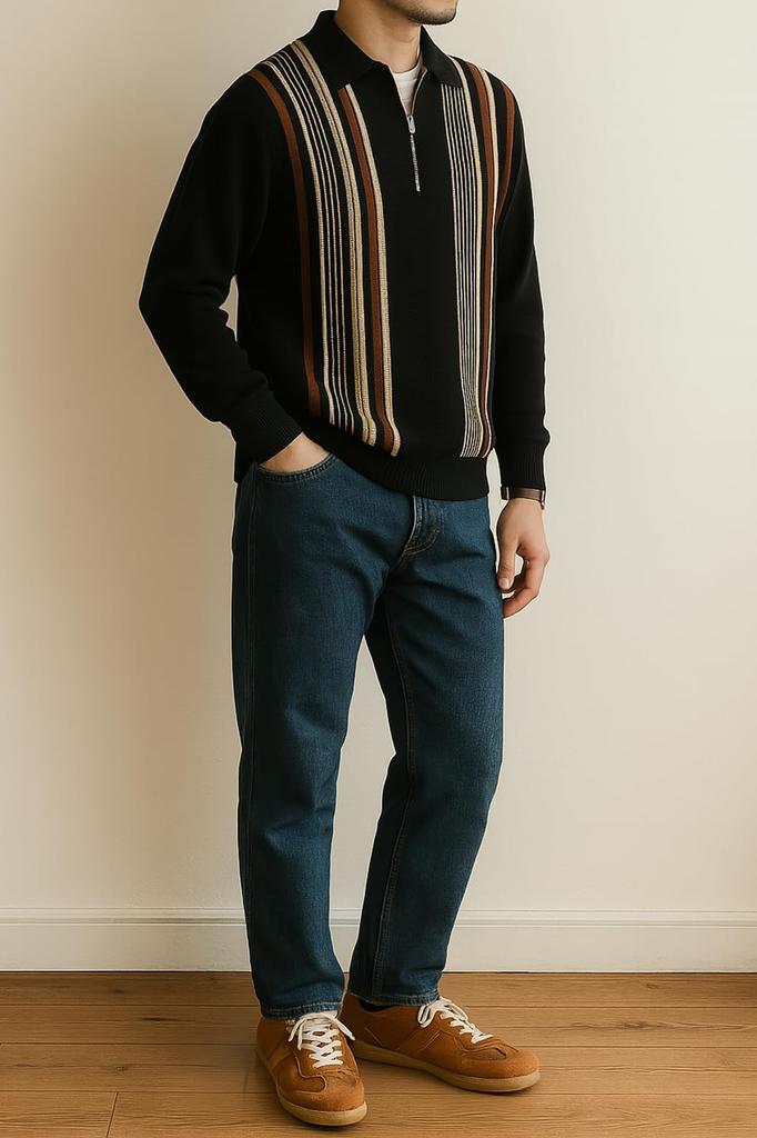 [CHANGE WELL] Men's 2025AW American Casual Fashion Autumn Clothing Color Block Design Long Sleeve Knit Half Zipper Striped Polo Shirt (WHITE, XL)