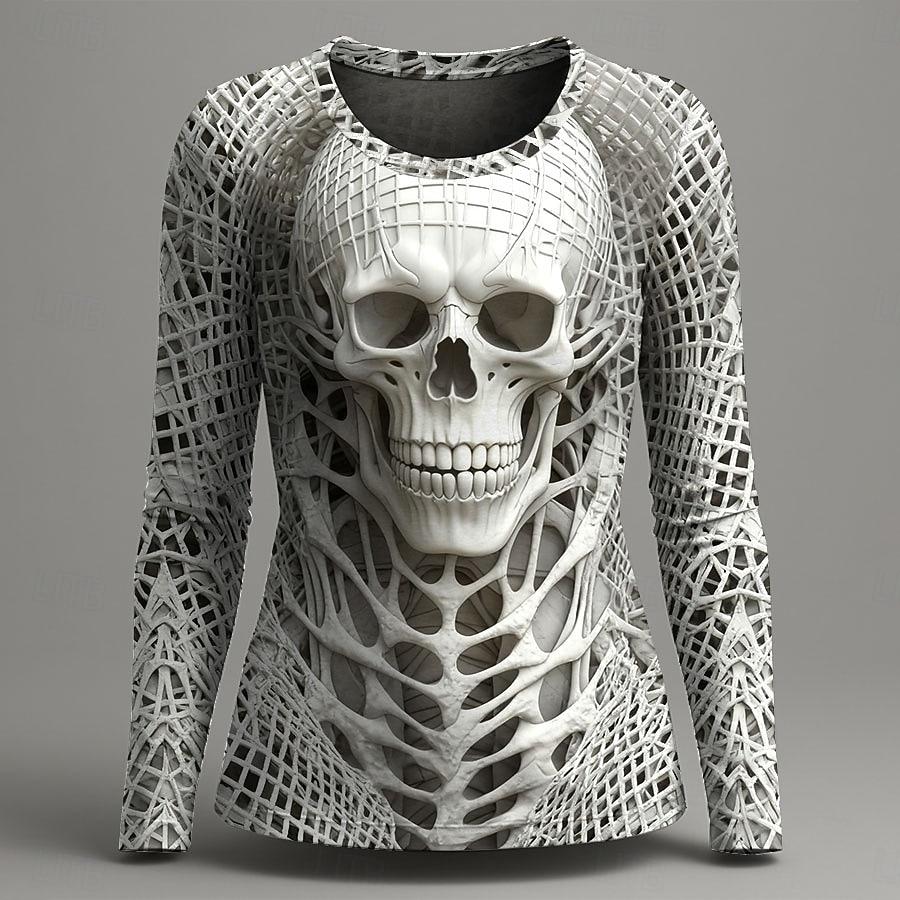 Women's Vintage Skeleton Print Long Sleeve, Gothic Graphic Round Neck Tops, Alternative Fashion Style, Spring Fall Casual Wear