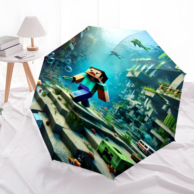 Printed Blocky Pixel Game Folding Umbrella,Outdoor,Leisure,And Travel Umbrella,Durable Umbrella Fabric,Birthday And Holiday Gift