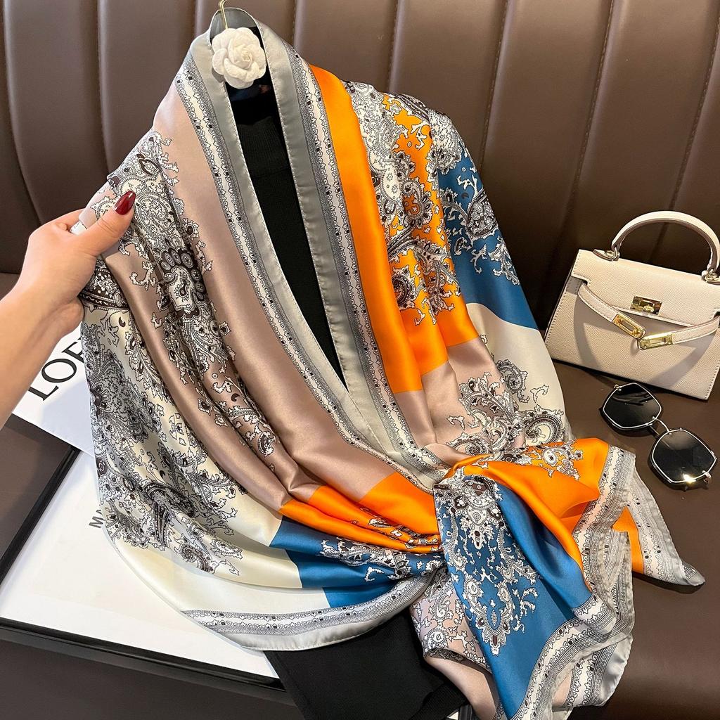 New Spring and Autumn Retro Floral Cranes Temperament Simulation Silk Large Long Scarf Sunscreen Outwear Shawl Female Silk Scarf