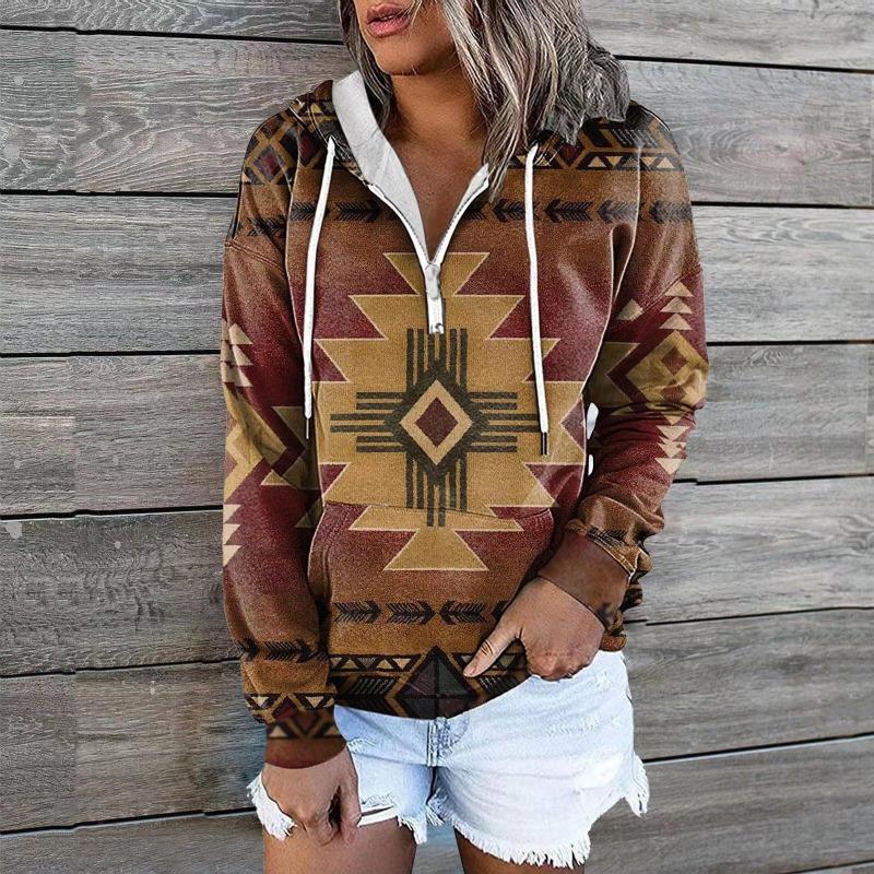 Autumn Winter Ethnic Tribe Hooded Hoodie Jacket Top Sweatshirts Women’s
