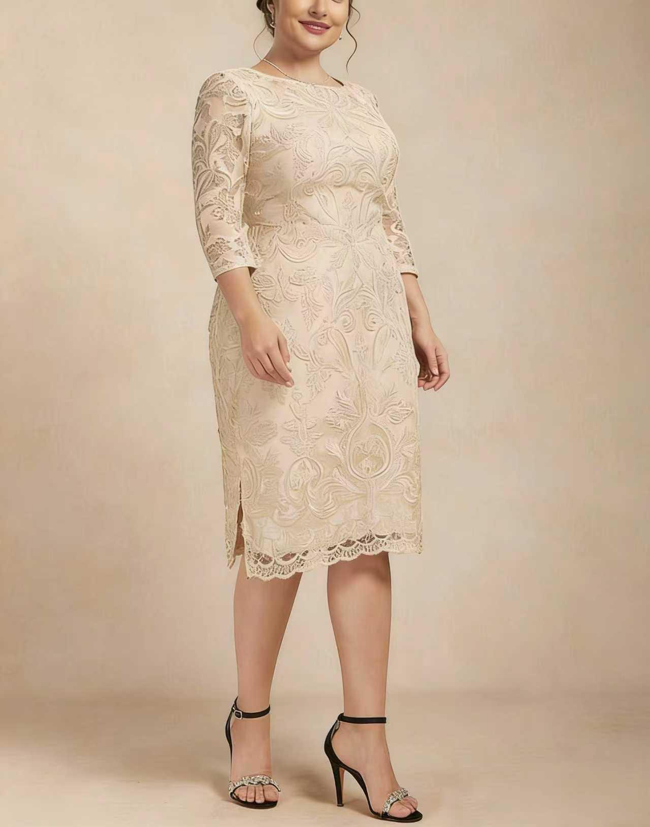 Elegantes, figurbetontes Cocktailkleid in Übergröße mit Spitze und Stickerei für Damen M champagner