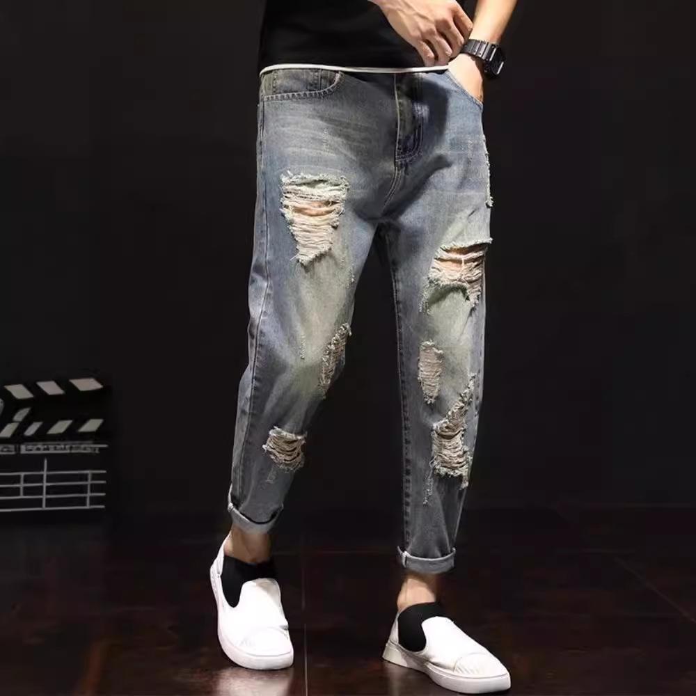 

Men s Loose Fit Autumn Ripped Jeans in Light Color - Trendy Plus Size Harem Pants 32 синій