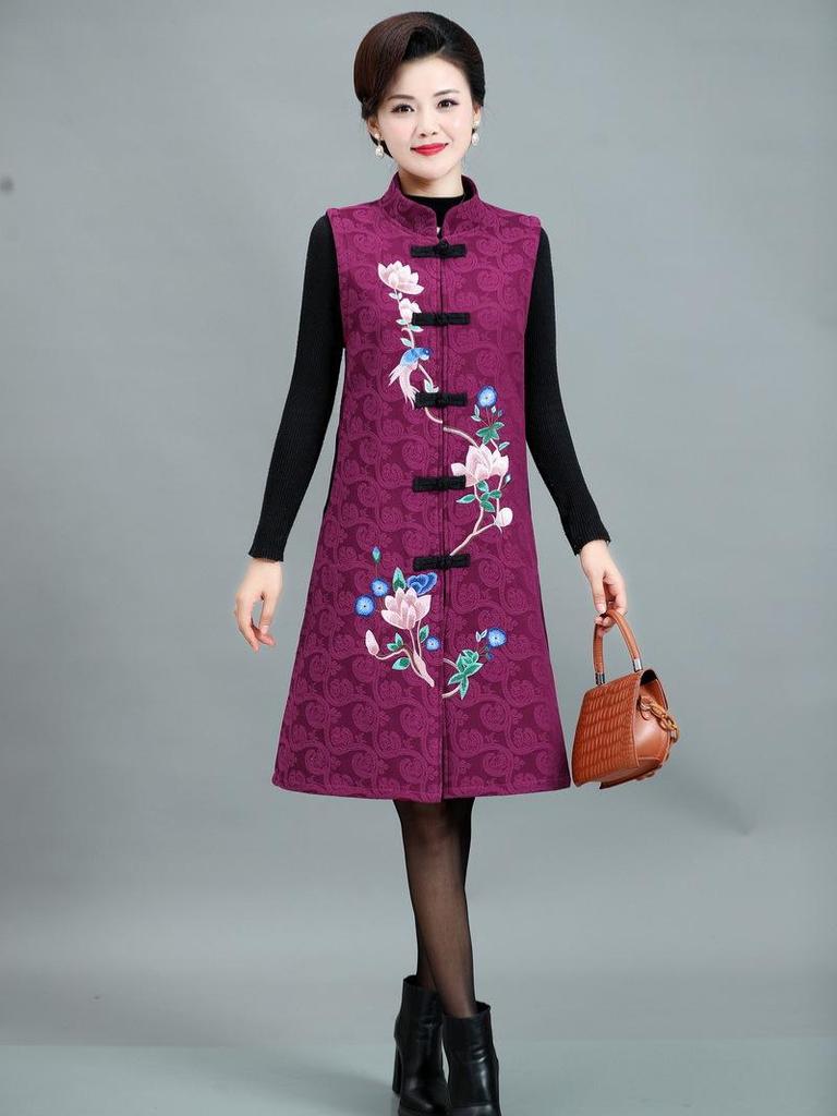 Women's Ethnic Embroidered Fleece Vest - Mid-length, Sleeveless Tang Suit for Spring & Autumn