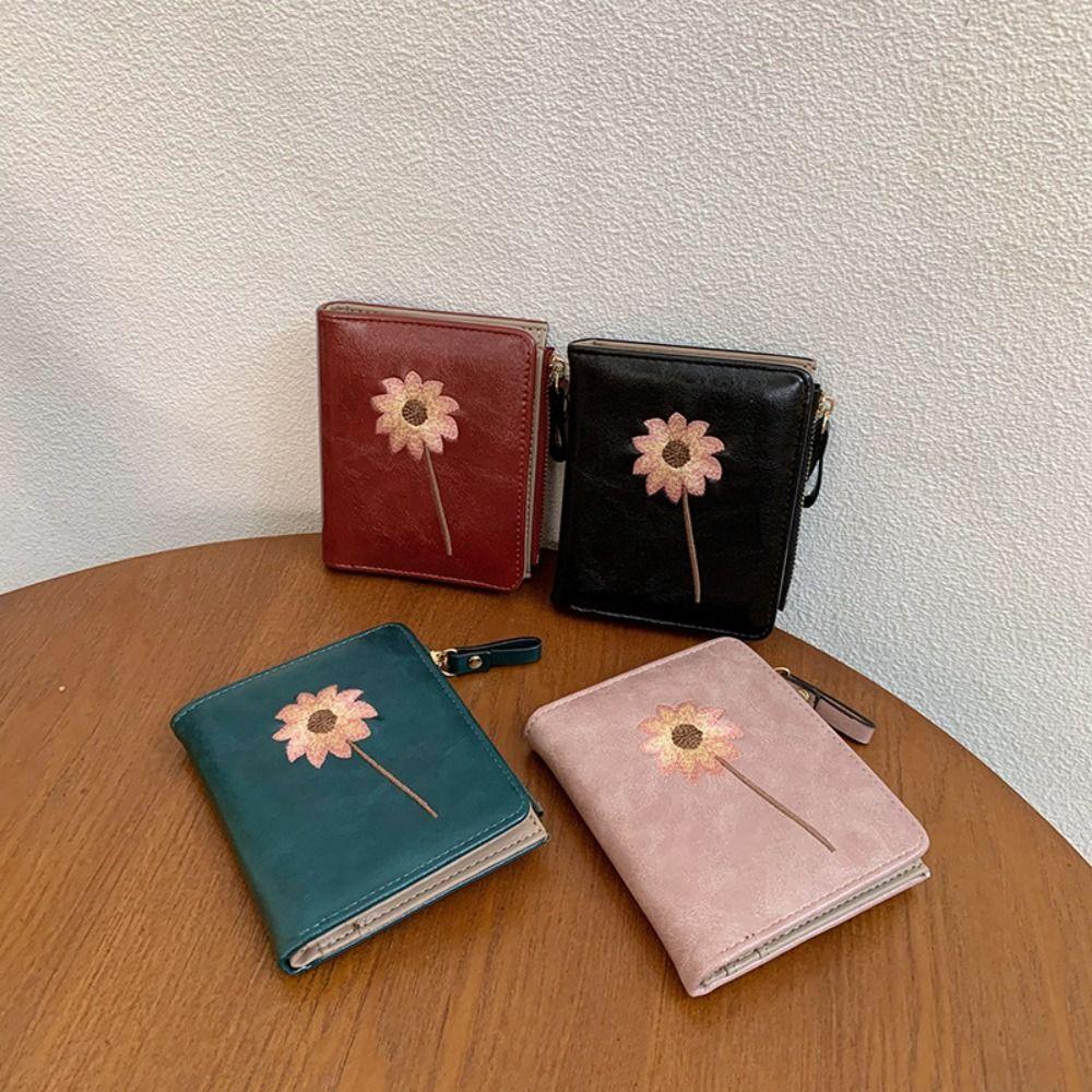 

Korean Style PU Zipper Wallet Solid Color Card Holder Casual Flower Embroidery Coin Purse Travel зелёный