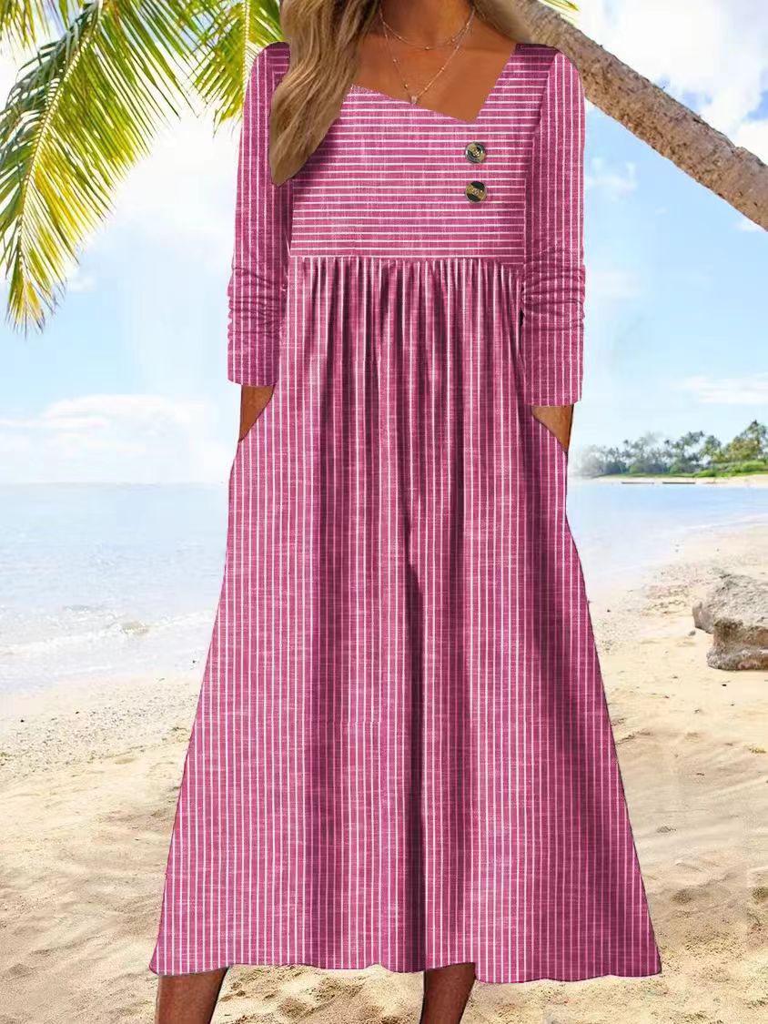 

2023 Autumn Casual Loose Striped Long Sleeve Dress Extra Large розовый